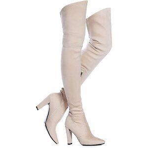 Women Nude Suede Stretch Thigh High Over The Knee Chunky Heel Pointed Toe Boots